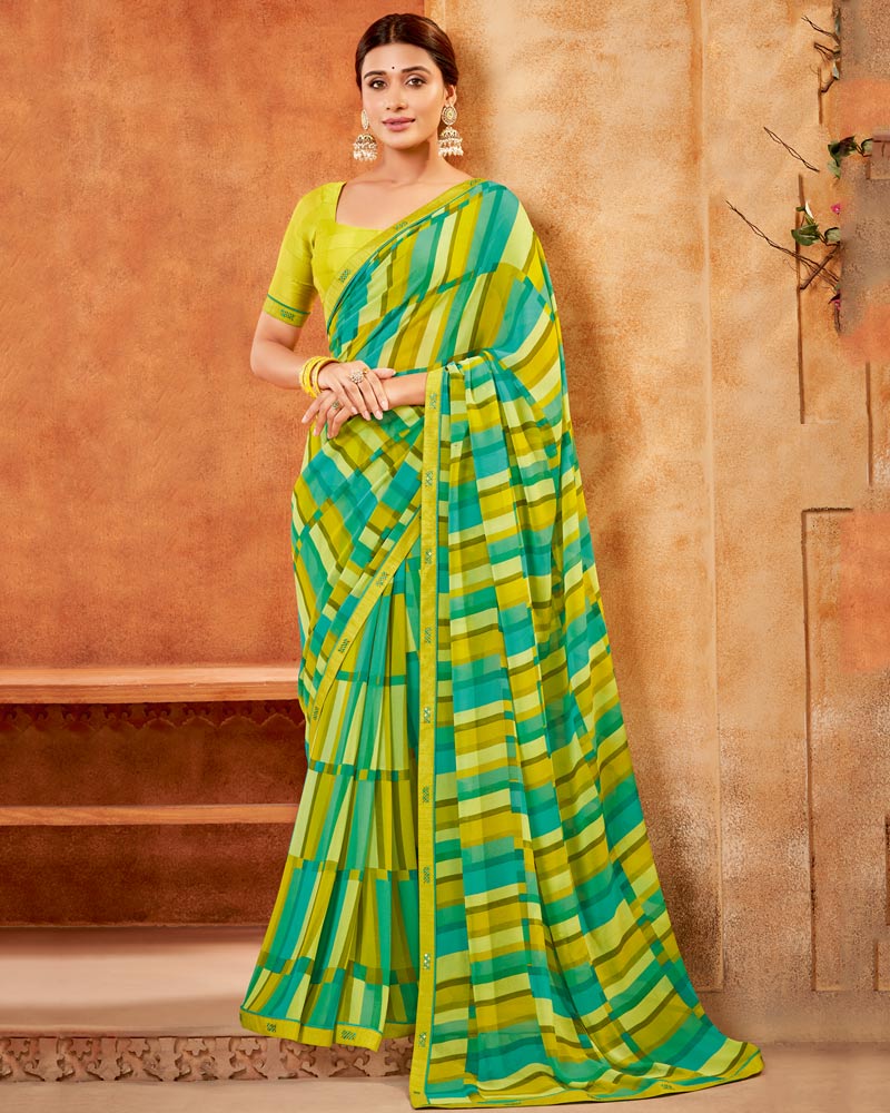 Vishal Prints Olive Yellow Printed Georgette Saree With Fancy Border