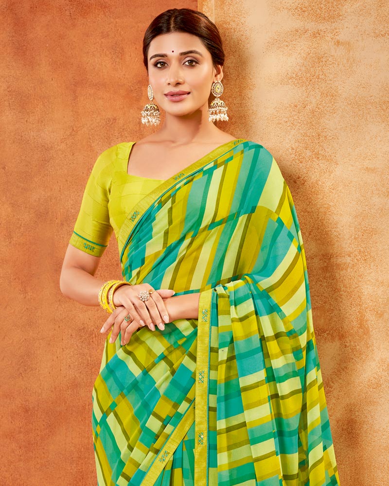 Vishal Prints Olive Yellow Printed Georgette Saree With Fancy Border