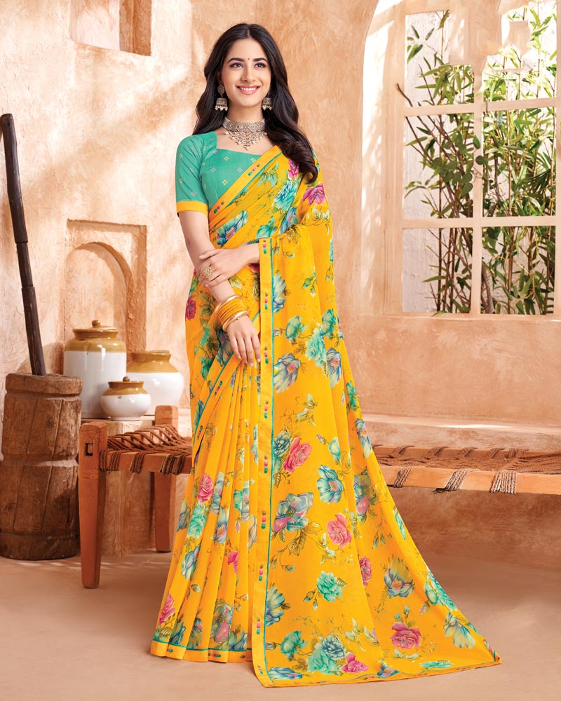 Vishal Prints Yellowish Orange Printed Georgette Saree With Fancy Border