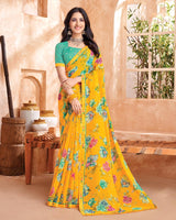Vishal Prints Yellowish Orange Printed Georgette Saree With Fancy Border