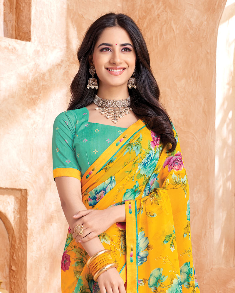 Vishal Prints Yellowish Orange Printed Georgette Saree With Fancy Border