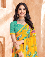 Vishal Prints Yellowish Orange Printed Georgette Saree With Fancy Border