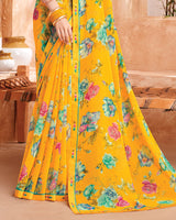 Vishal Prints Yellowish Orange Printed Georgette Saree With Fancy Border