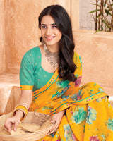Vishal Prints Yellowish Orange Printed Georgette Saree With Fancy Border