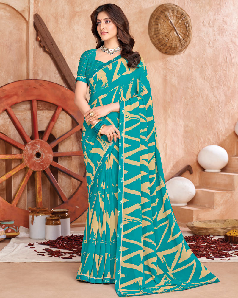 Vishal Prints Bondi Blue Printed Georgette Saree With Fancy Border