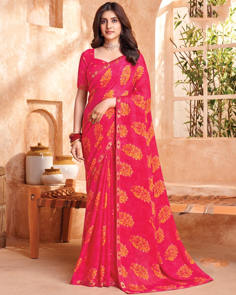 Vishal Prints Raspberry Red Printed Georgette Saree With Fancy Border