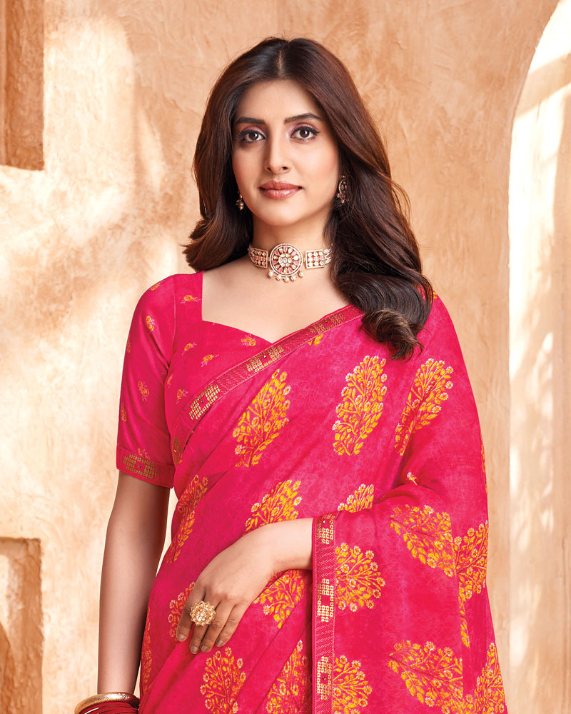 Vishal Prints Raspberry Red Printed Georgette Saree With Fancy Border