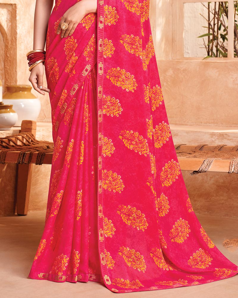 Vishal Prints Raspberry Red Printed Georgette Saree With Fancy Border