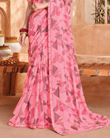 Vishal Prints Flamingo Pink Printed Georgette Saree With Fancy Border
