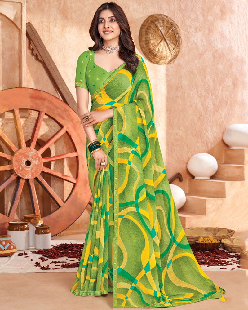 Vishal Prints Light Olive Green Printed Georgette Saree With Fancy Border