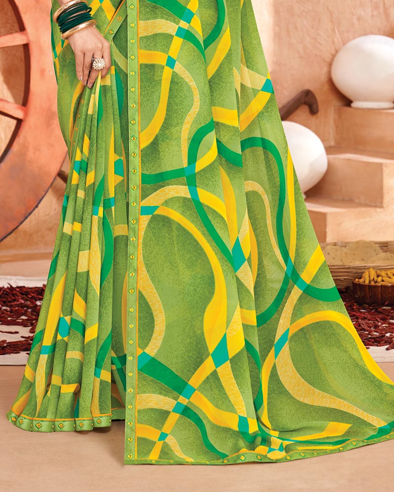 Vishal Prints Light Olive Green Printed Georgette Saree With Fancy Border