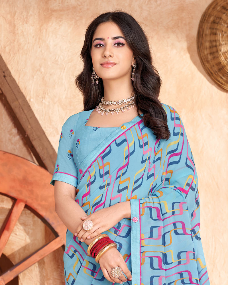 Vishal Prints Carolina Blue Printed Georgette Saree With Fancy Border