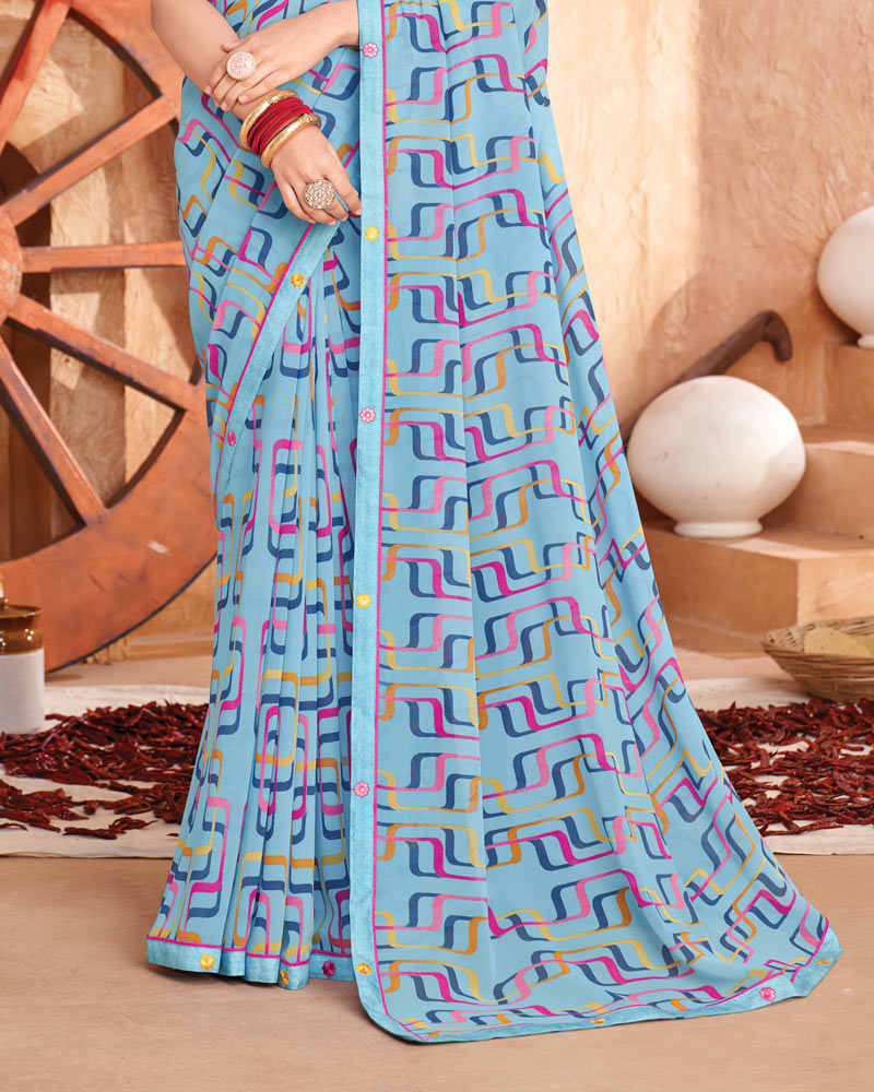Vishal Prints Carolina Blue Printed Georgette Saree With Fancy Border
