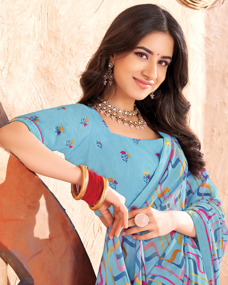 Vishal Prints Carolina Blue Printed Georgette Saree With Fancy Border