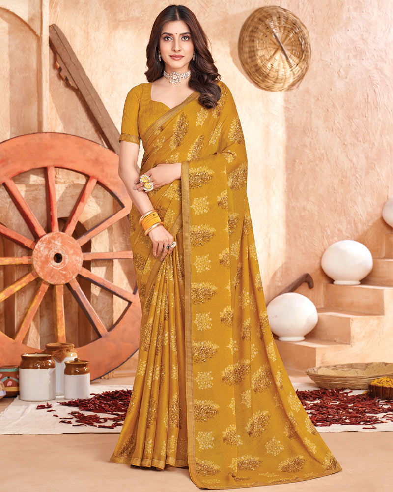 Vishal Prints Yellow Ochre Printed Georgette Saree With Fancy Border