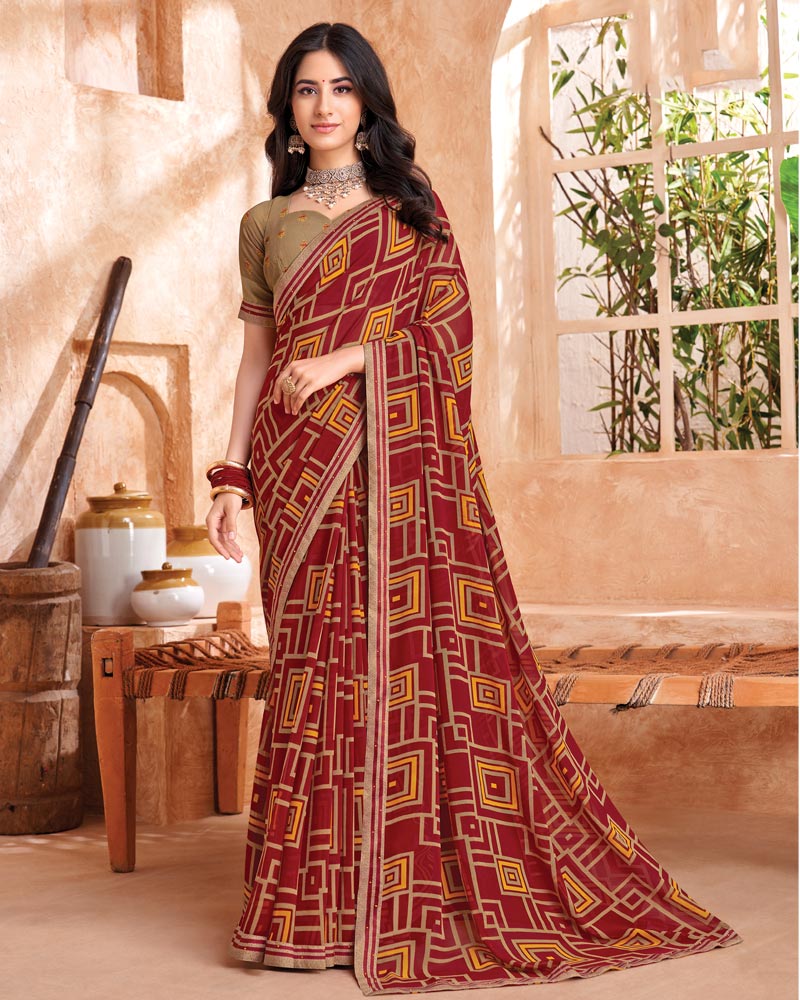 Vishal Prints Rich Maroon Printed Georgette Saree With Fancy Border