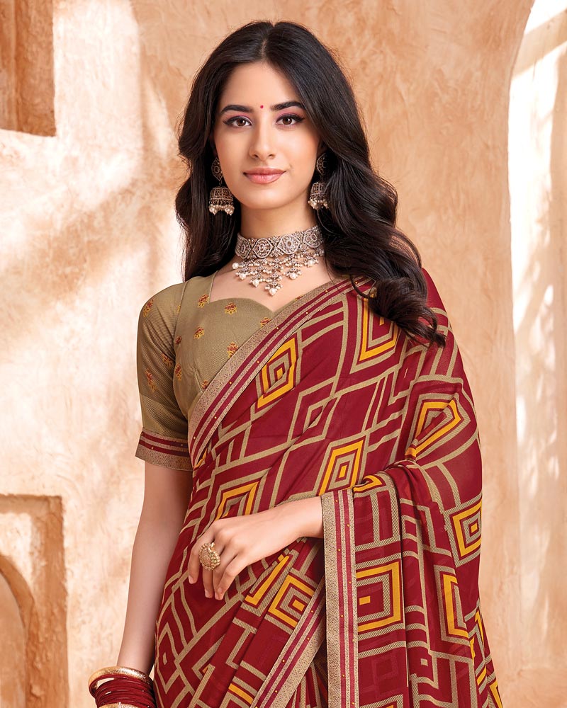 Vishal Prints Rich Maroon Printed Georgette Saree With Fancy Border