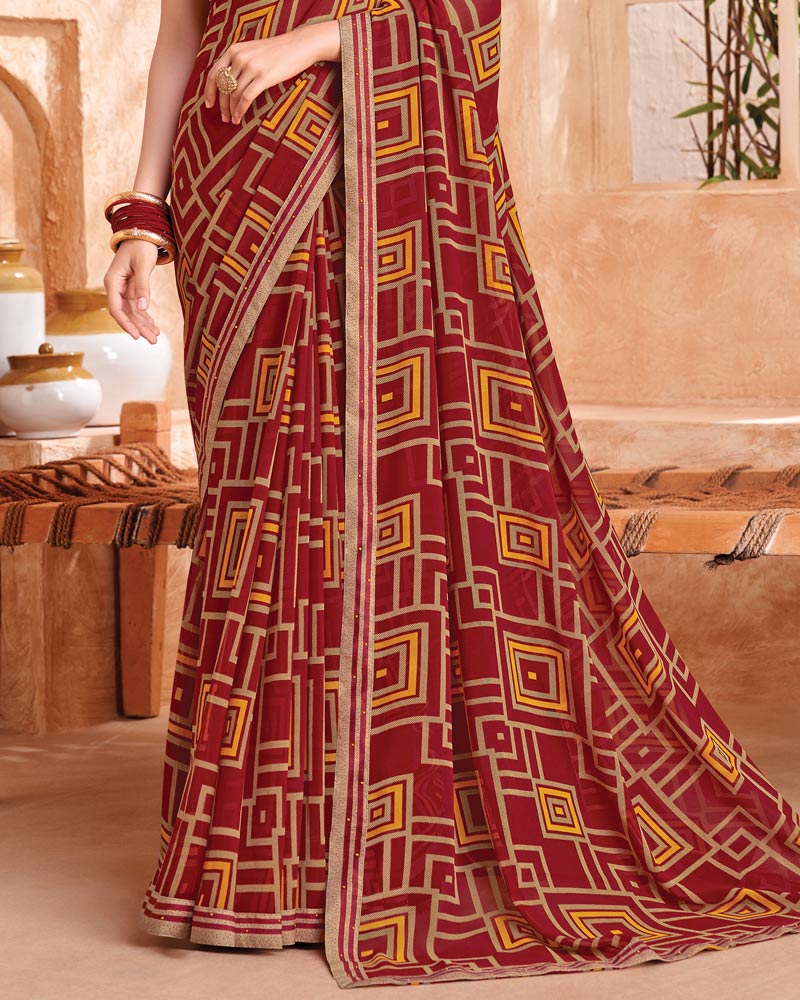 Vishal Prints Rich Maroon Printed Georgette Saree With Fancy Border