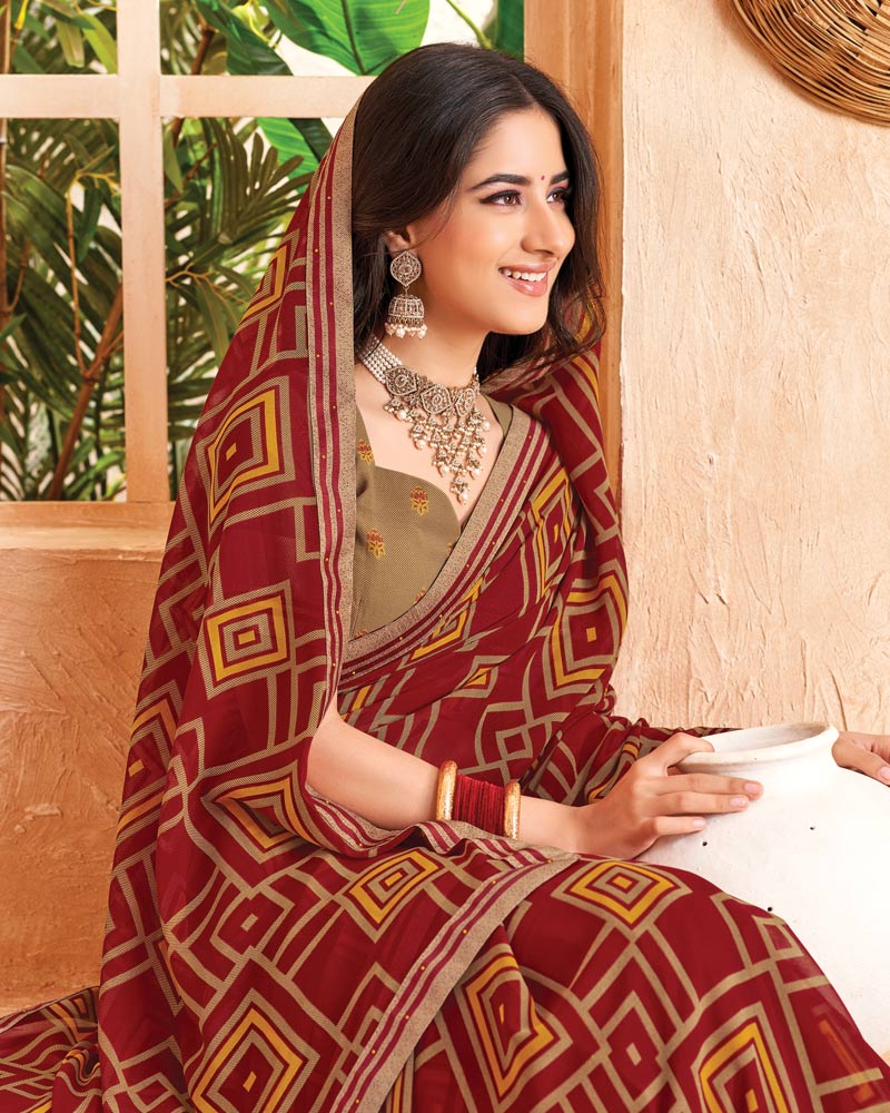 Vishal Prints Rich Maroon Printed Georgette Saree With Fancy Border