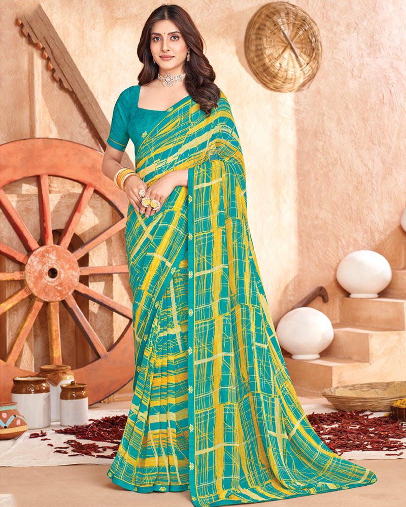 Vishal Prints Teal Green And Yellow Printed Georgette Saree With Fancy Border