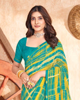 Vishal Prints Teal Green And Yellow Printed Georgette Saree With Fancy Border