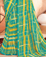 Vishal Prints Teal Green And Yellow Printed Georgette Saree With Fancy Border