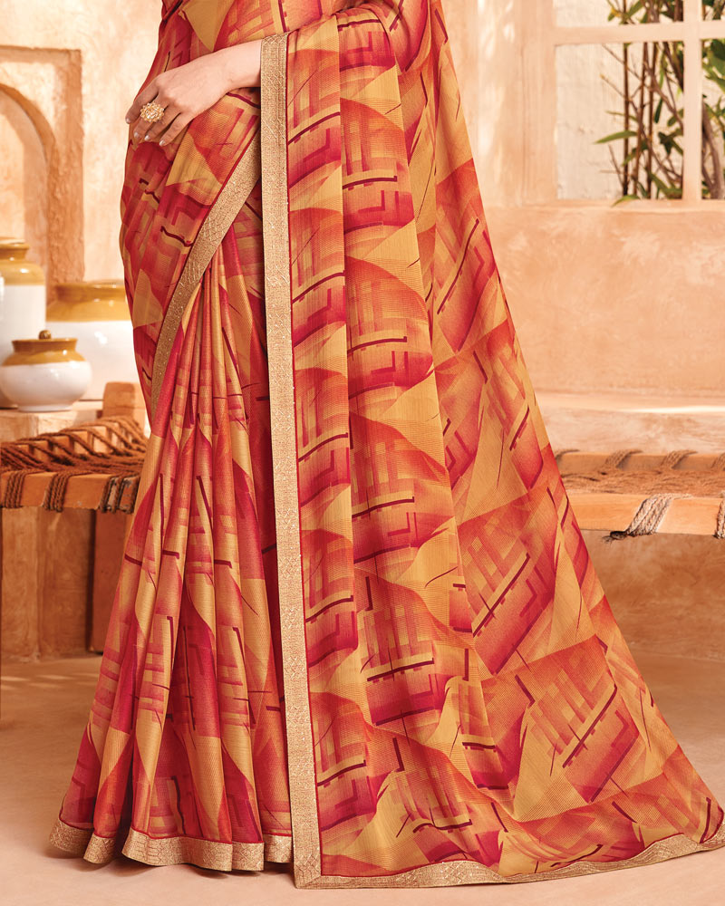Vishal Prints Persian Red And Pale Orange Printed Georgette Saree With Fancy Border