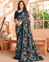 Vishal Prints Dark Navy Blue Printed Georgette Saree With Fancy Border