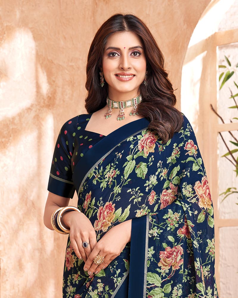Vishal Prints Dark Navy Blue Printed Georgette Saree With Fancy Border