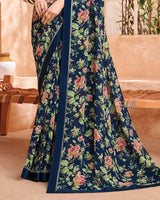 Vishal Prints Dark Navy Blue Printed Georgette Saree With Fancy Border