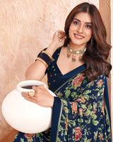 Vishal Prints Dark Navy Blue Printed Georgette Saree With Fancy Border