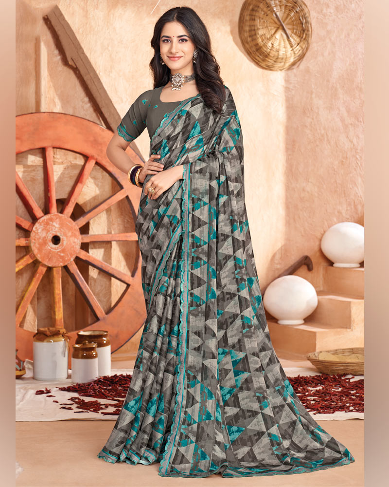 Vishal Prints Charcoal And Warm Grey Printed Georgette Saree With Cut Work Border