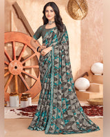 Vishal Prints Charcoal And Warm Grey Printed Georgette Saree With Cut Work Border