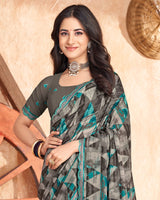 Vishal Prints Charcoal And Warm Grey Printed Georgette Saree With Cut Work Border