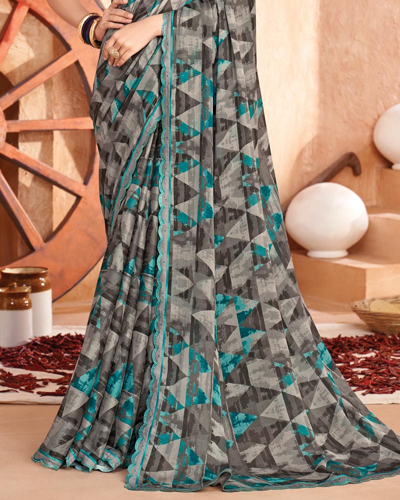 Vishal Prints Charcoal And Warm Grey Printed Georgette Saree With Cut Work Border
