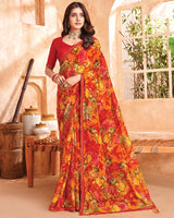 Vishal Prints Lava Red And Bright Orange Printed Georgette Saree With Fancy Border