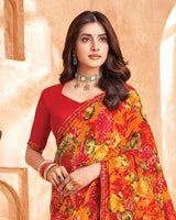 Vishal Prints Lava Red And Bright Orange Printed Georgette Saree With Fancy Border