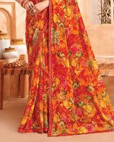Vishal Prints Lava Red And Bright Orange Printed Georgette Saree With Fancy Border