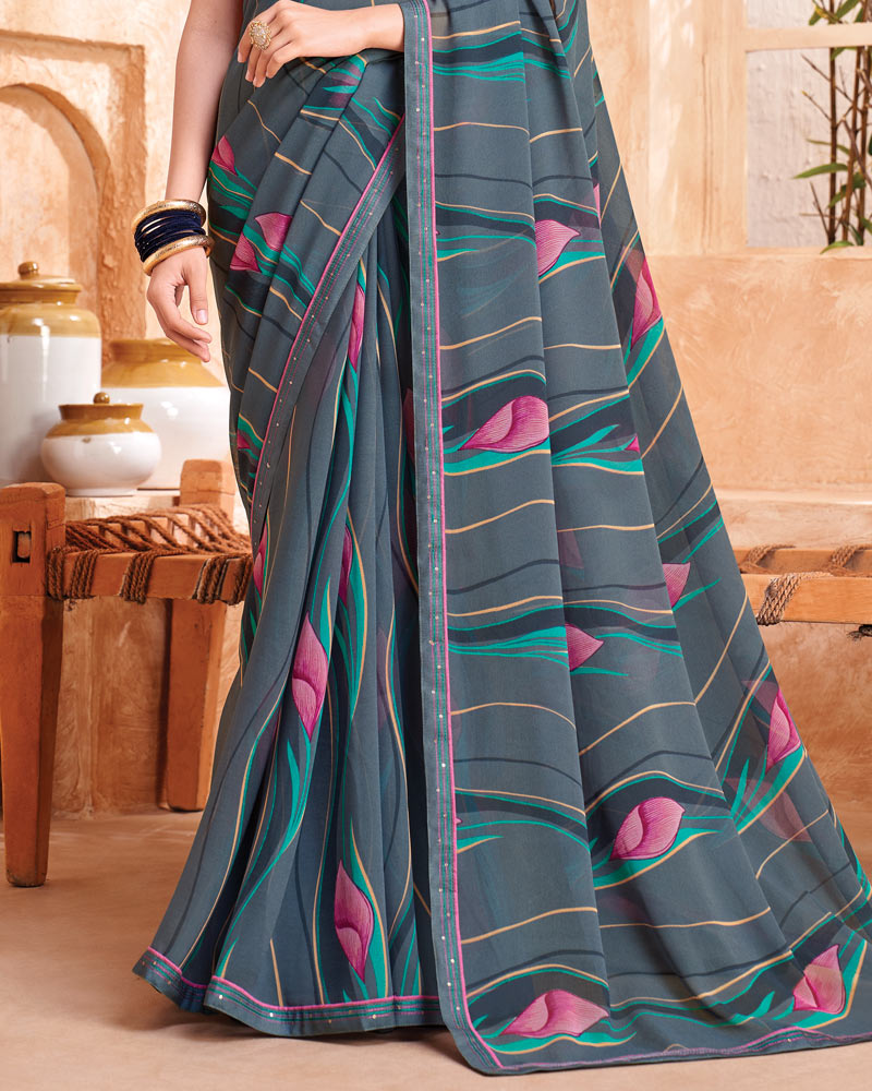 Vishal Prints Oslo Grey Printed Georgette Saree With Fancy Border