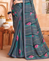 Vishal Prints Oslo Grey Printed Georgette Saree With Fancy Border
