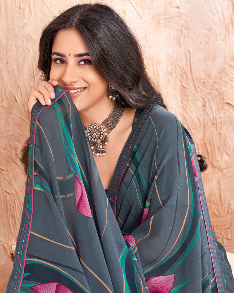 Vishal Prints Oslo Grey Printed Georgette Saree With Fancy Border