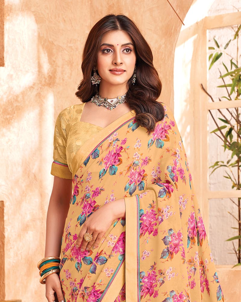 Vishal Prints Pastel Orange Printed Georgette Saree With Fancy Border