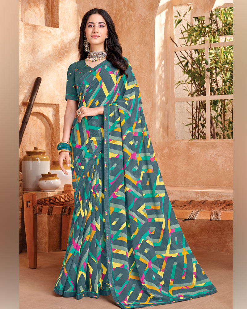 Vishal Prints Slate Grey Printed Georgette Saree With Fancy Border