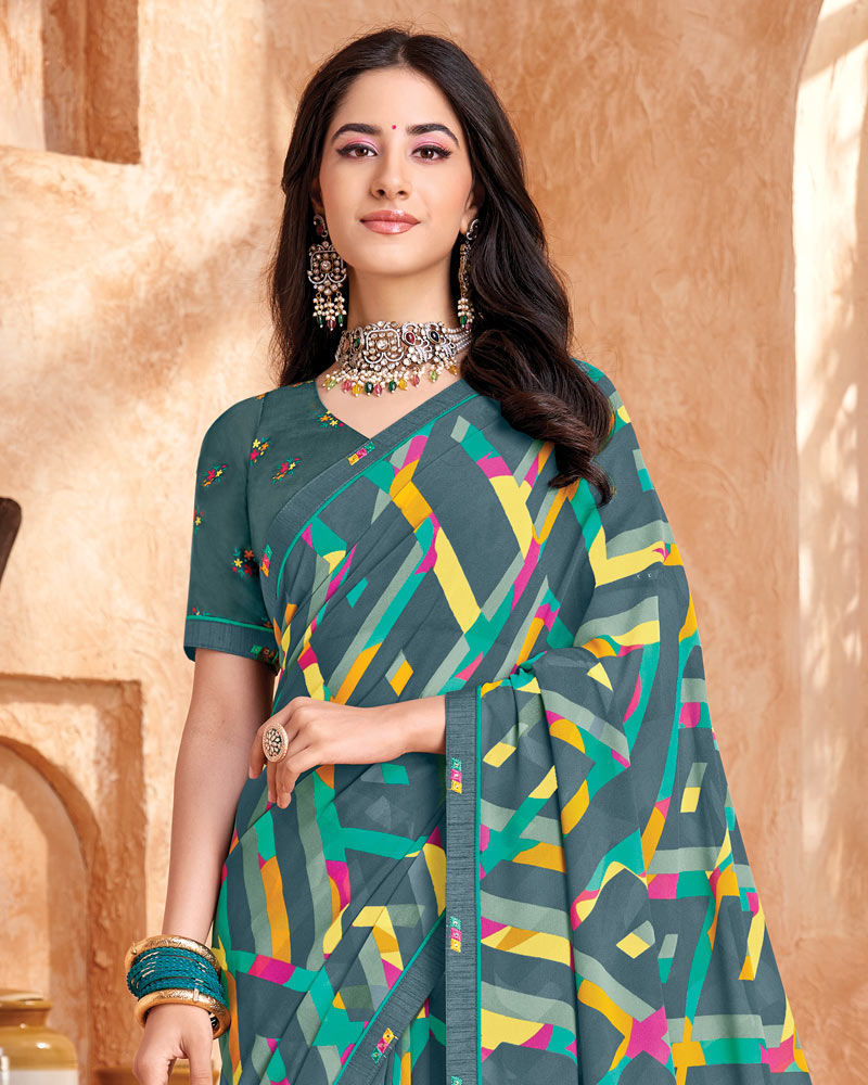 Vishal Prints Slate Grey Printed Georgette Saree With Fancy Border