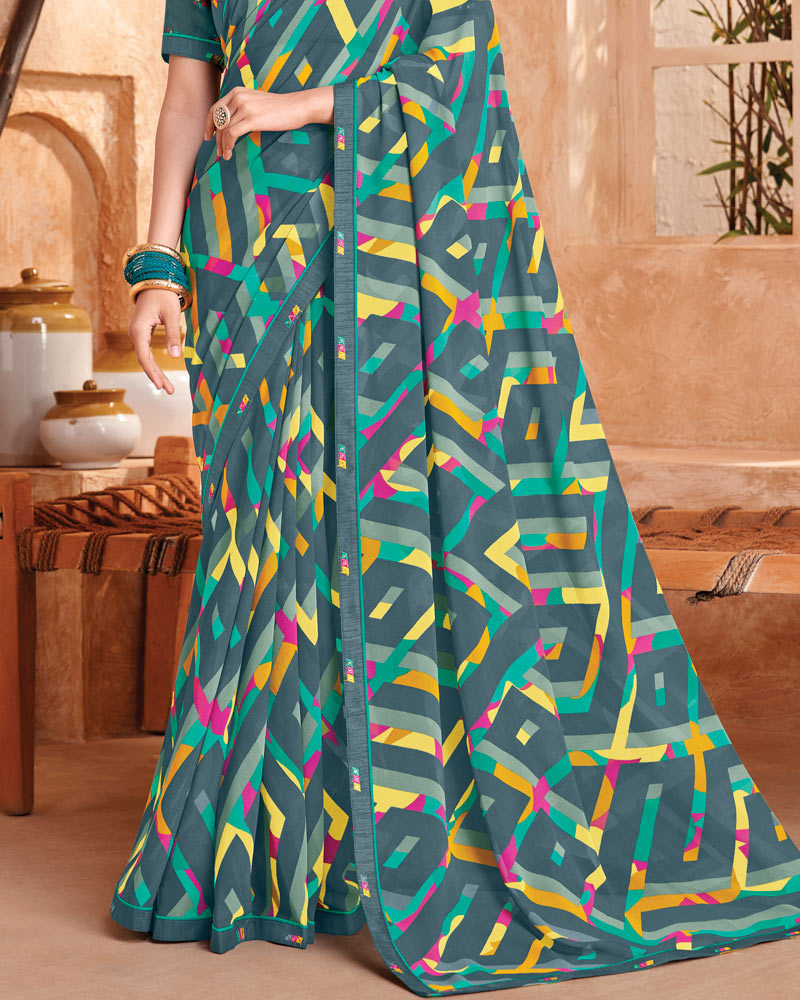 Vishal Prints Slate Grey Printed Georgette Saree With Fancy Border