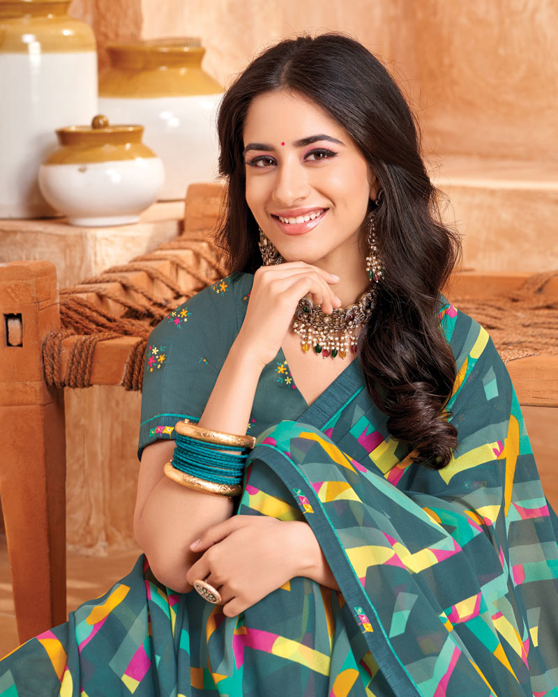 Vishal Prints Slate Grey Printed Georgette Saree With Fancy Border