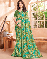 Vishal Prints Olive And Sea Green Printed Georgette Saree With Fancy Border