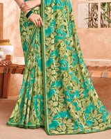 Vishal Prints Olive And Sea Green Printed Georgette Saree With Fancy Border