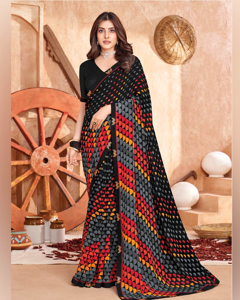 Vishal Prints Black And Red Printed Georgette Saree With Fancy Border