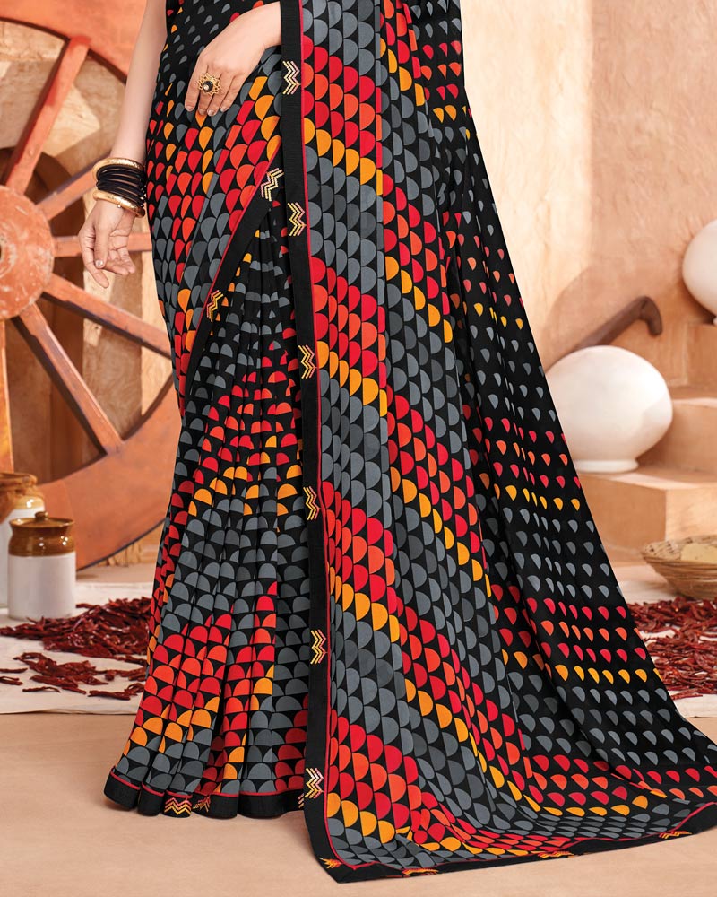 Vishal Prints Black And Red Printed Georgette Saree With Fancy Border